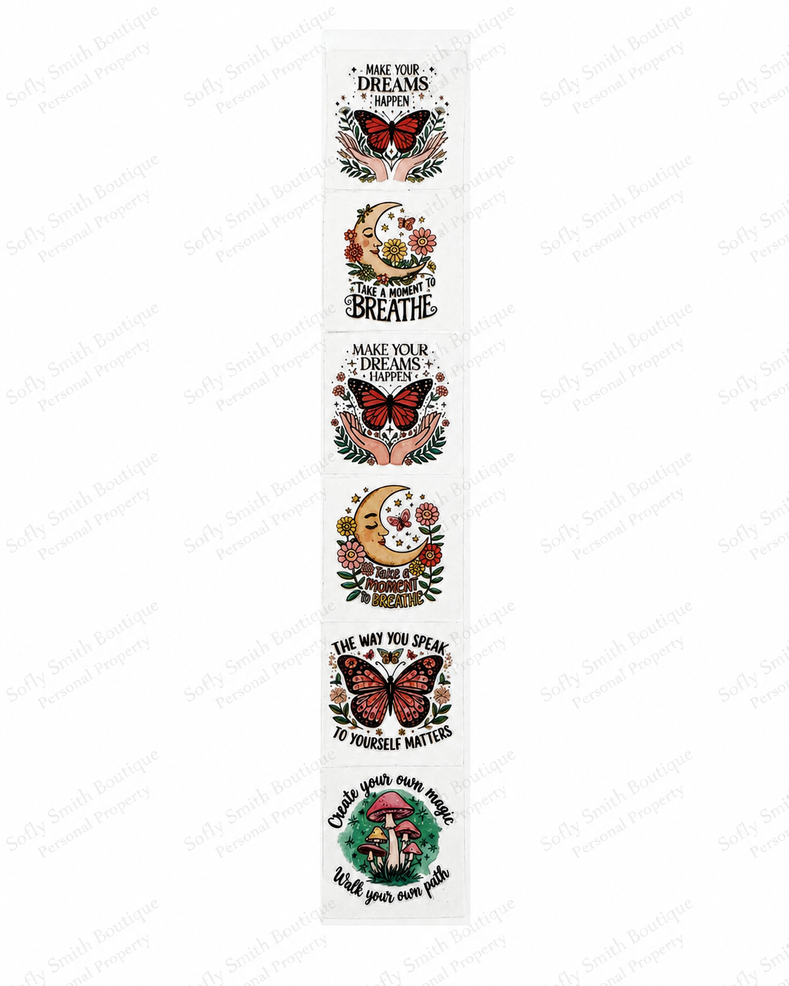 Motivational butterfly moon and mushroom UV DTF kiss cut wrap strip with six designs