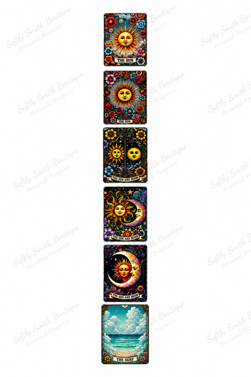 Sun moon and surf tarot style UV DTF kiss cut wrap strip with six designs