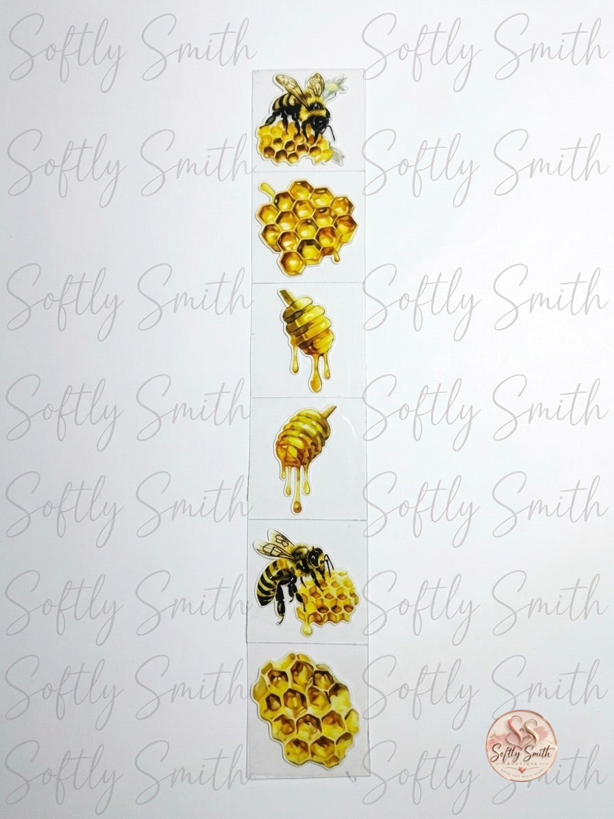 Honey bee honeycomb and honey dipper UV DTF kiss cut wrap strip with six designs