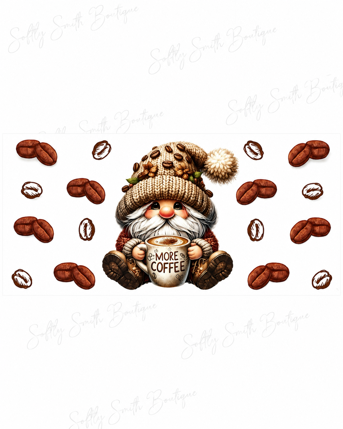 Coffee gnome holding a More Coffee mug 16oz UV DTF wrap