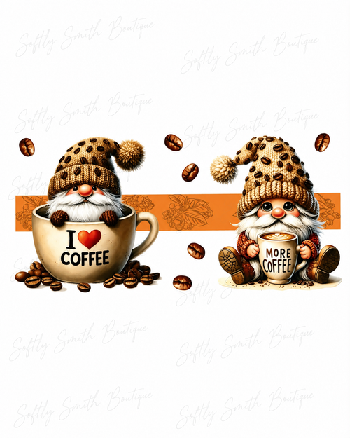 Two coffee gnomes with I Love Coffee and More Coffee mugs 16oz UV DTF wrap
