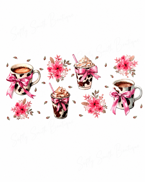 Pink cow print coffee mugs with bows and flowers 16oz UV DTF wrap