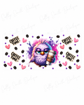 Purple grumpy owl with cold coffee and Coffee Time text 16oz UV DTF wrap