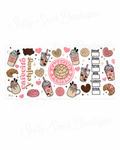 Pink Cafecito y Chisme coffee and pastry 16oz UV DTF wrap