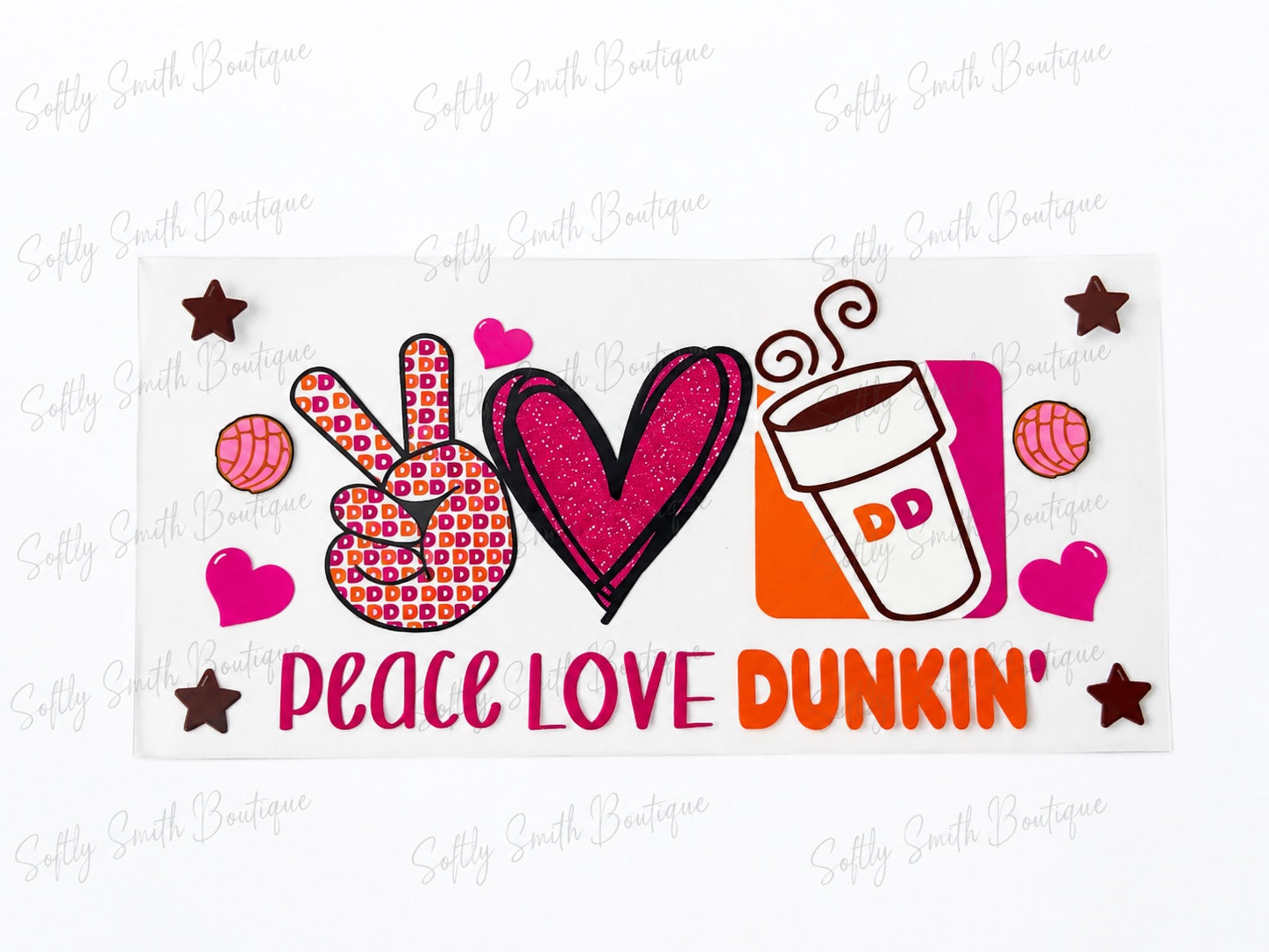 Pink and orange Peace Love Dunkin 16oz UV DTF cup wrap