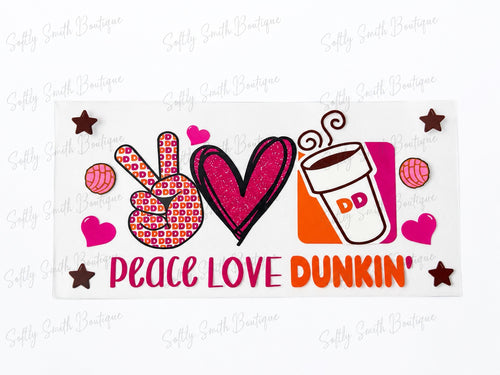 Pink and orange Peace Love Dunkin 16oz UV DTF cup wrap