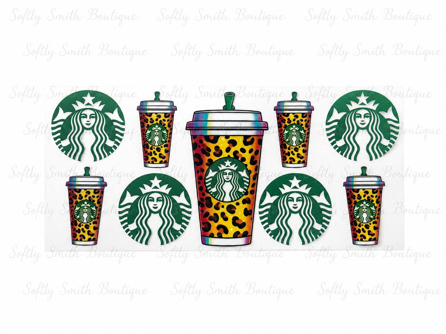 Starbucks leopard print coffee cups and logos 16oz UV DTF wrap