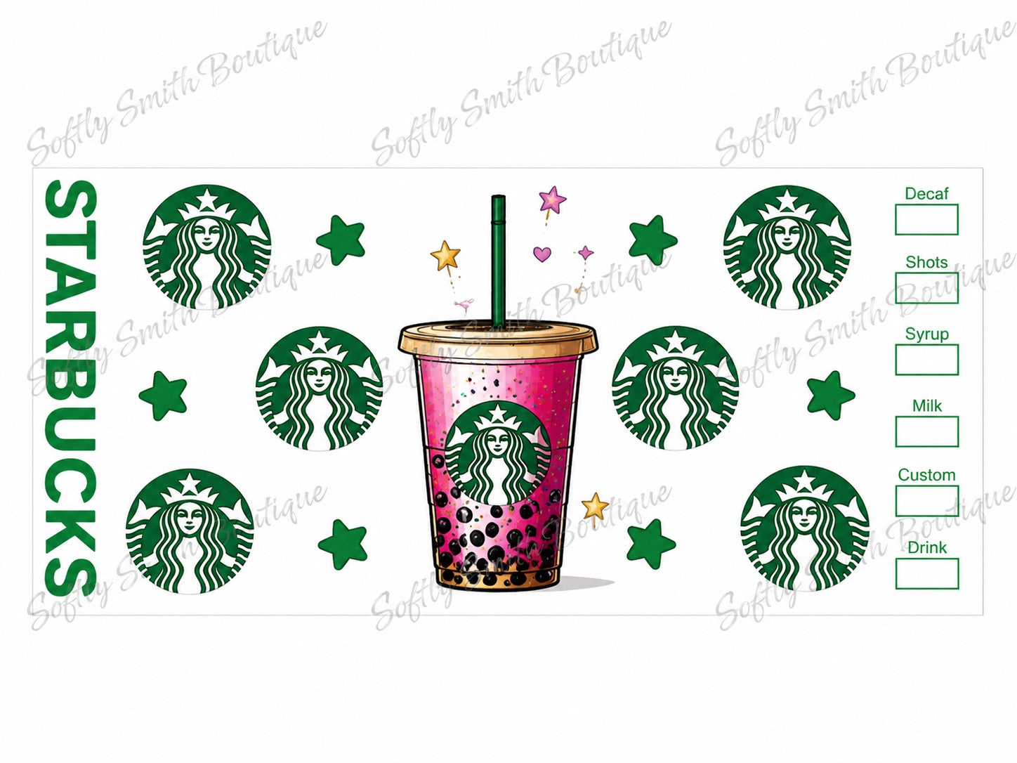 Pink Starbucks drink order checklist 16oz UV DTF wrap