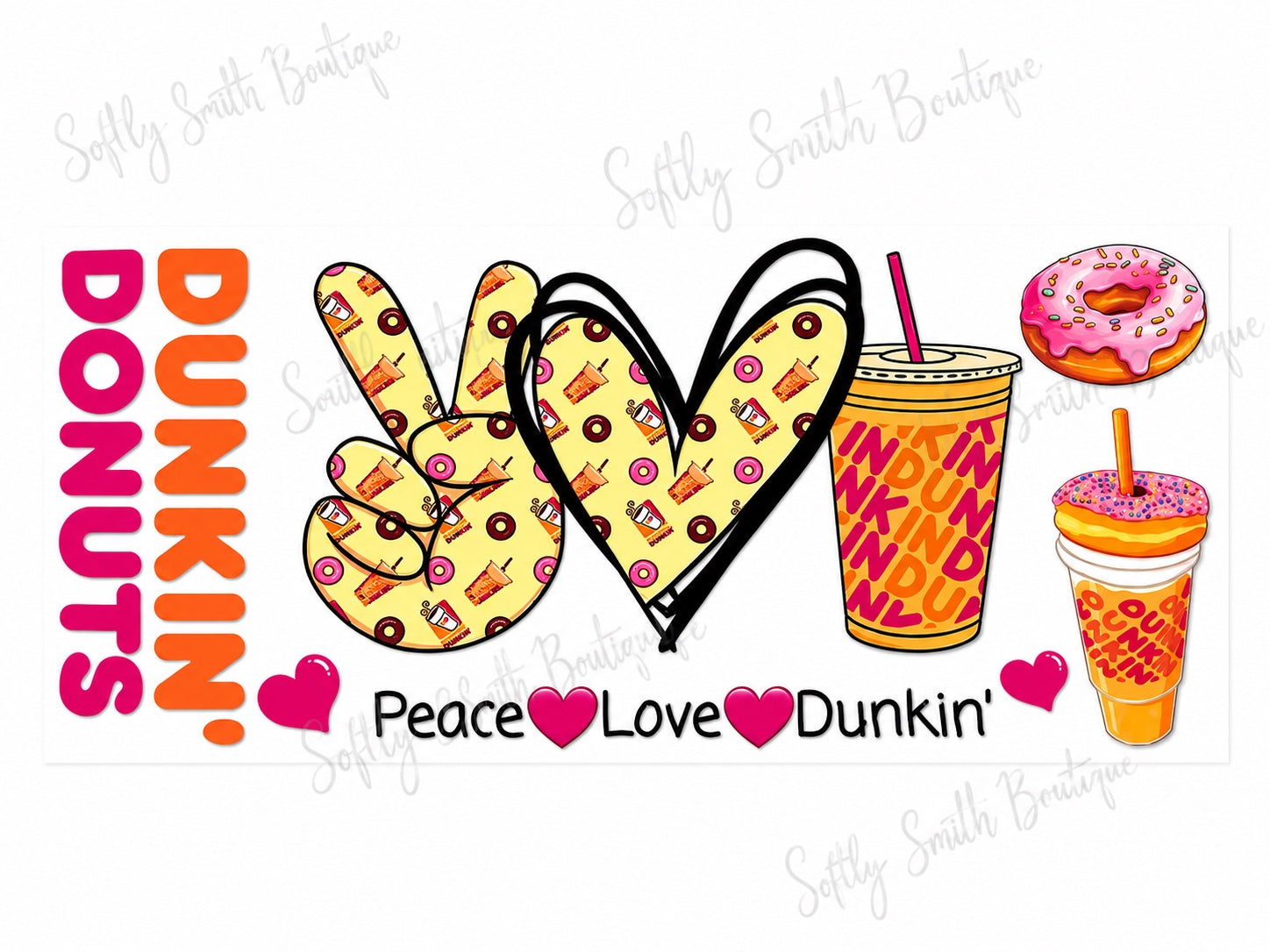 Peace Love Dunkin Donuts pink and orange 16oz UV DTF wrap