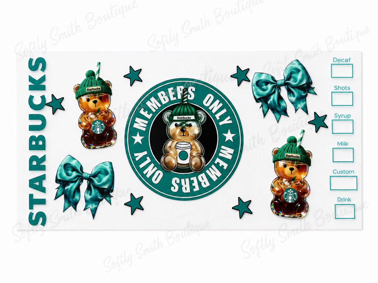 Starbucks members only teddy bear and teal bows 16oz UV DTF wrap