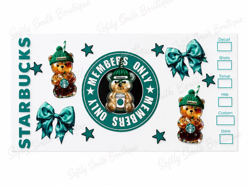 Starbucks members only teddy bear and teal bows 16oz UV DTF wrap