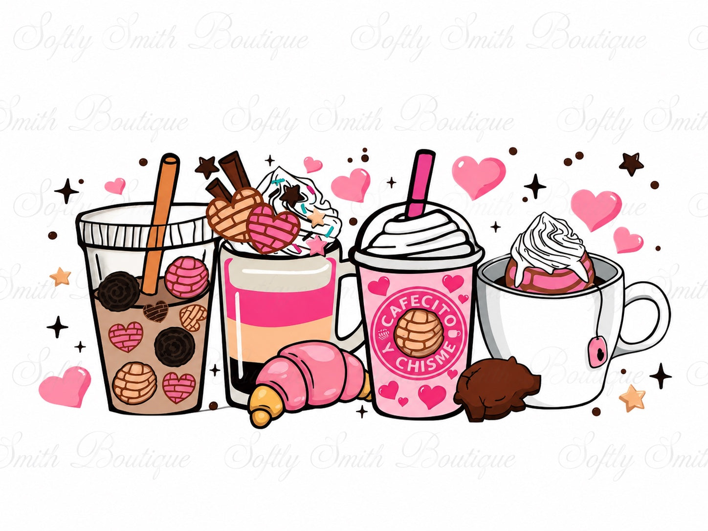 Pink cafecito and chisme coffee drinks 16oz UV DTF cup wrap