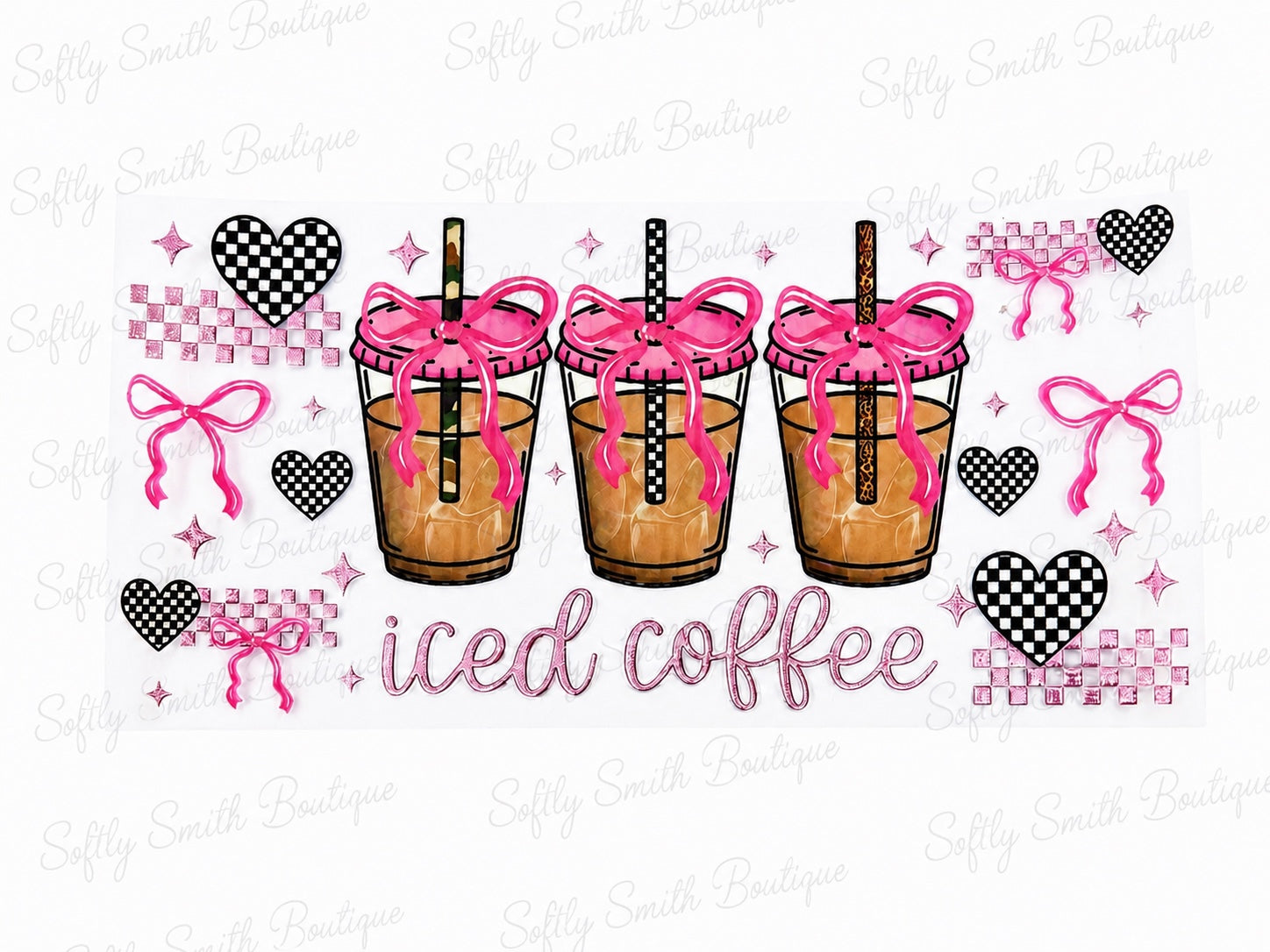 Pink bows, checkerboard hearts, and iced coffee 16oz UV DTF cup wrap