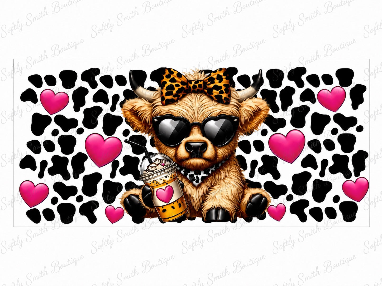 Highland cow with pink hearts, cow print, and coffee 16oz UV DTF cup wrap