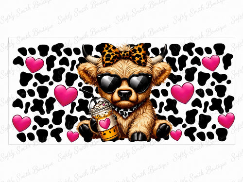 Highland cow with pink hearts, cow print, and coffee 16oz UV DTF cup wrap