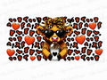 Highland cow with orange leopard print, hearts, and coffee 16oz UV DTF cup wrap