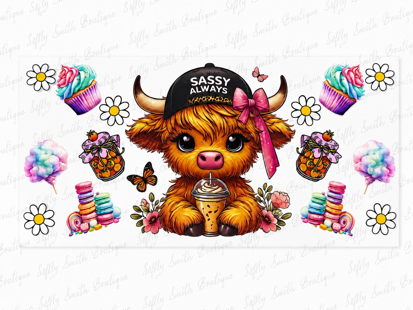 Sassy Always highland cow with coffee and colorful sweets 16oz UV DTF cup wrap