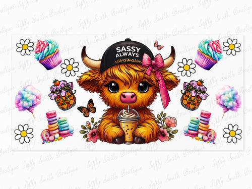 Sassy Always highland cow with coffee and colorful sweets 16oz UV DTF cup wrap