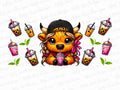 Cute highland cow with pink and leopard boba tea drinks 16oz UV DTF cup wrap
