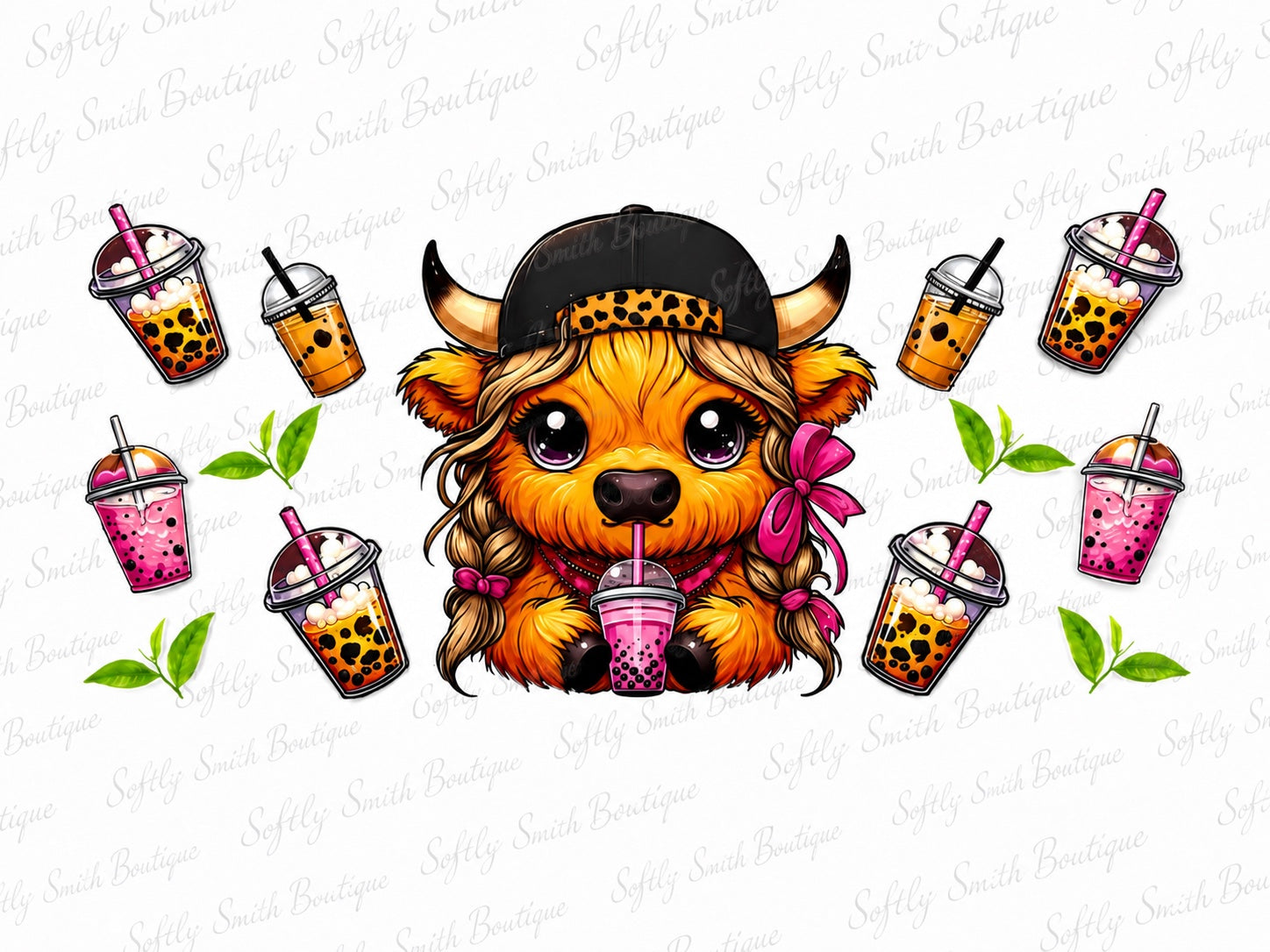 Cute highland cow with pink and leopard boba tea drinks 16oz UV DTF cup wrap