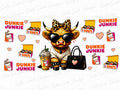 Dunkie Junkie highland cow with coffee, donuts, and handbag 16oz UV DTF cup wrap