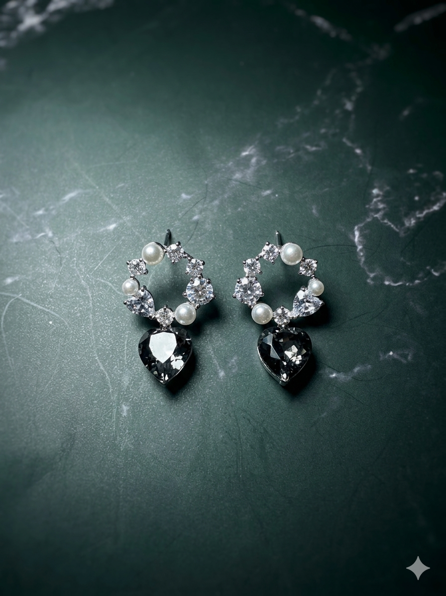 Midnight Pearl Heart Drop Earrings