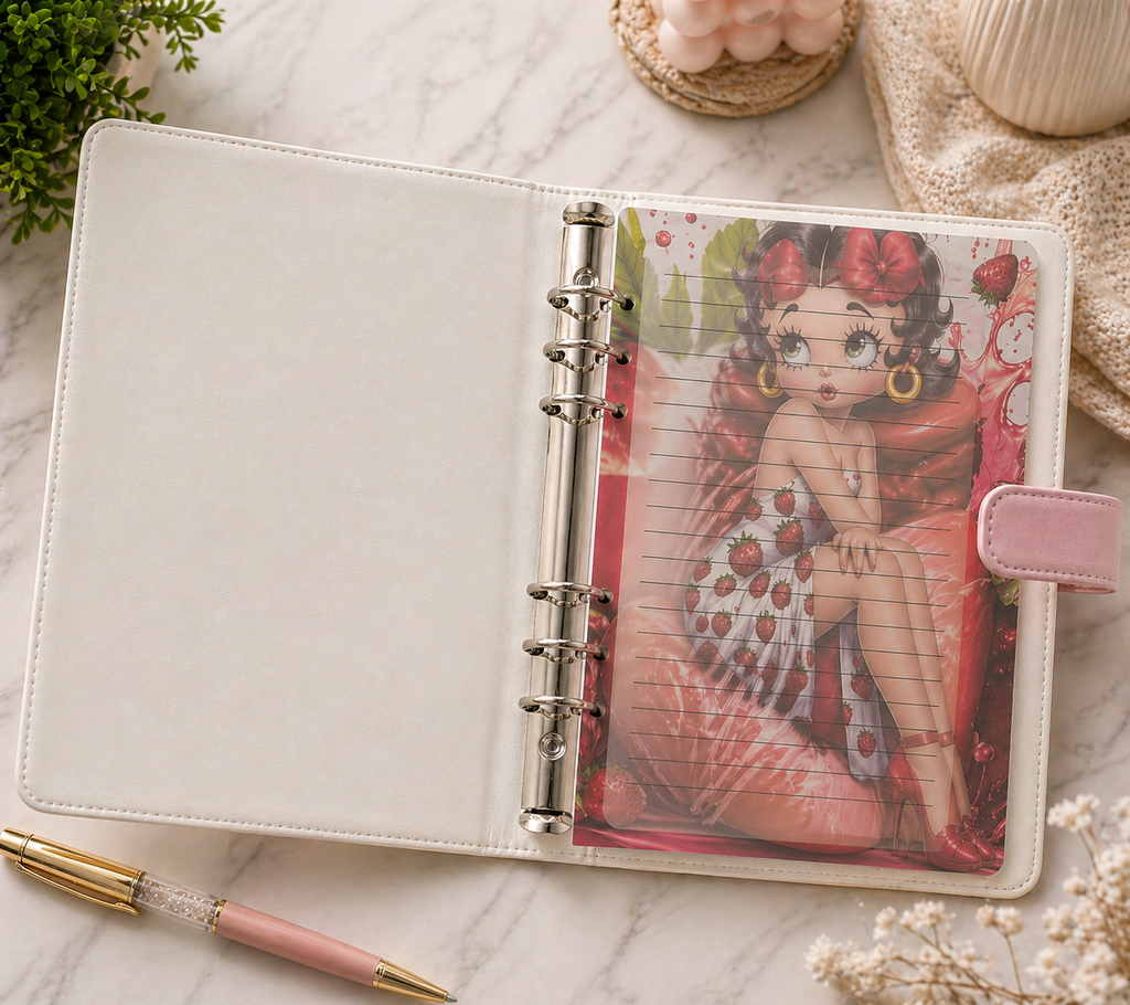 Retro Cartoon Coffee Girl A5 Binder & Strawberry Paper Set