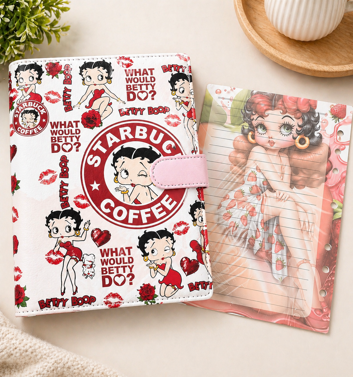Retro Cartoon Coffee Girl A5 Binder & Strawberry Paper Set
