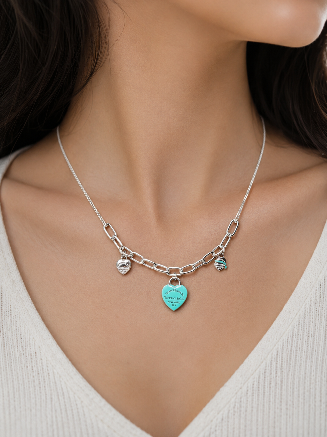 Blue Heart Triple Charm Necklace