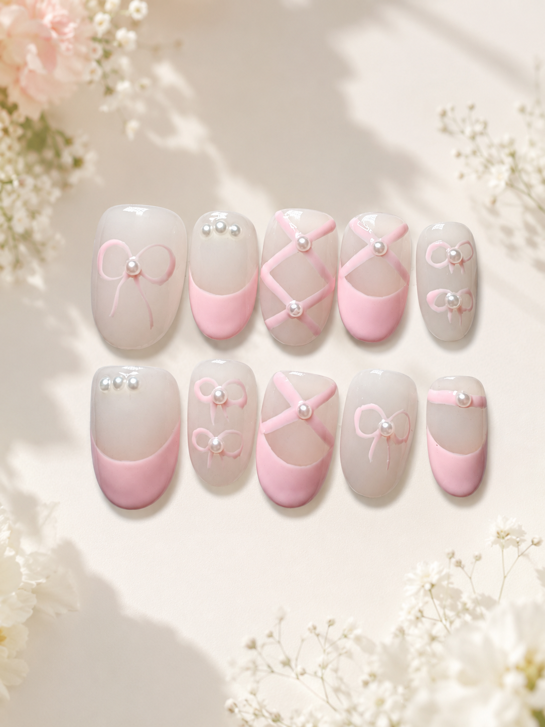 Pearl Ballet Bow Press-On Nails
