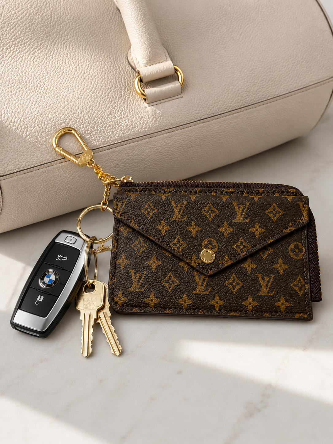 Monogram Key Pouch Wallet with Gold Chain Clip