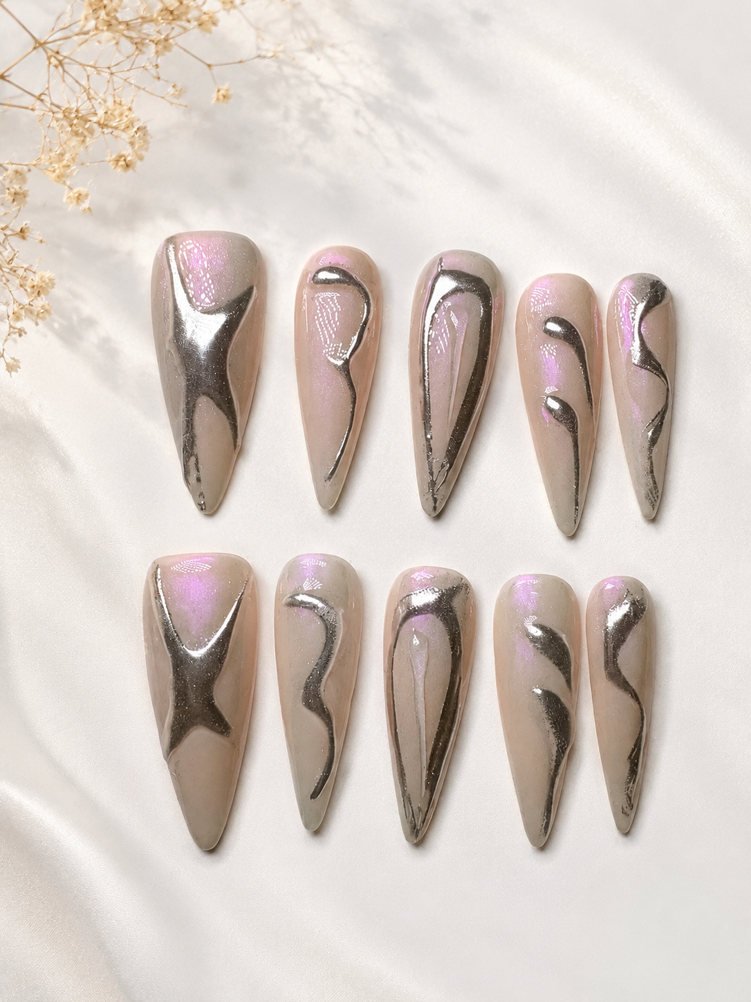 Moonstone Chrome Stiletto Press-On Nails