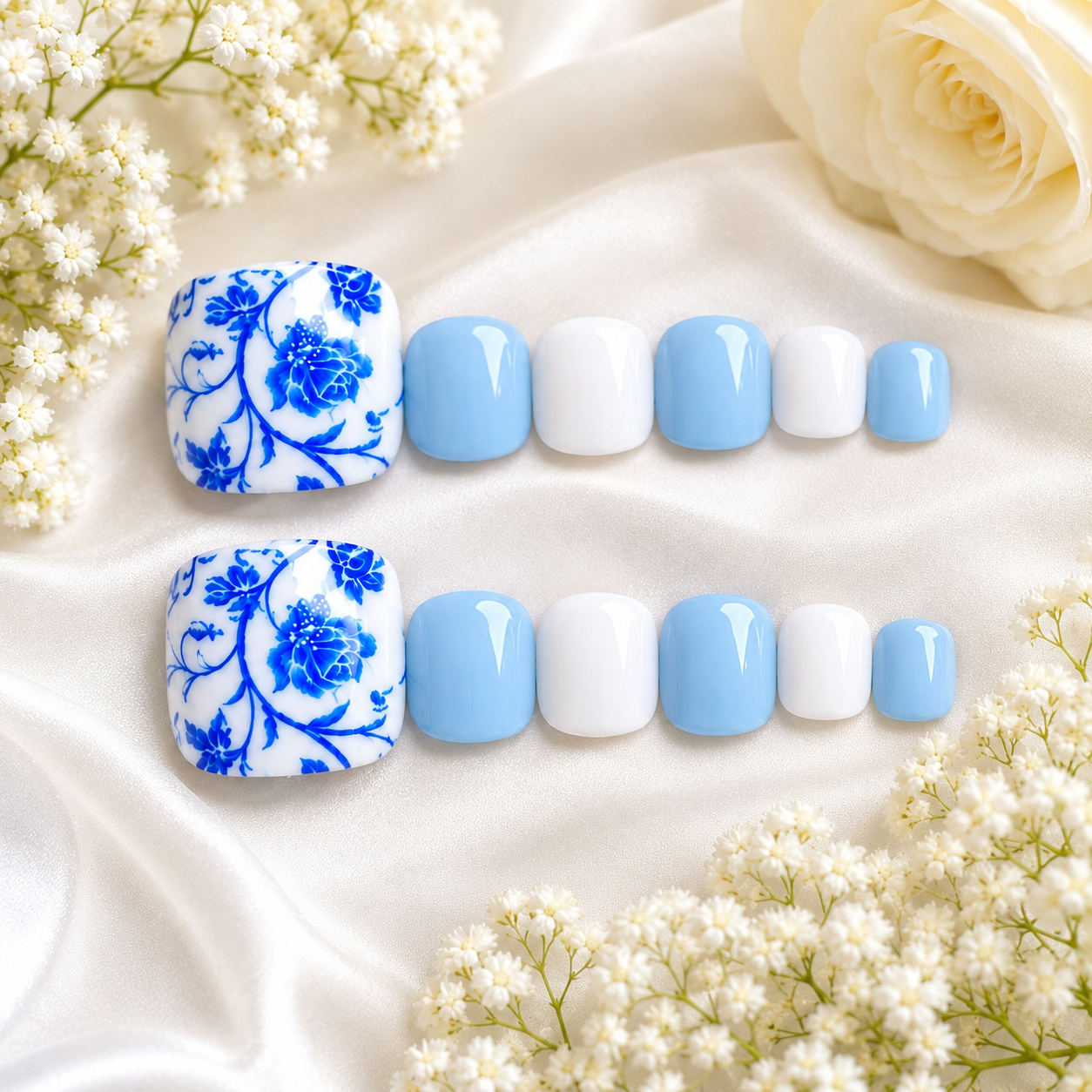 Blue Porcelain Bloom Press-On Toenails