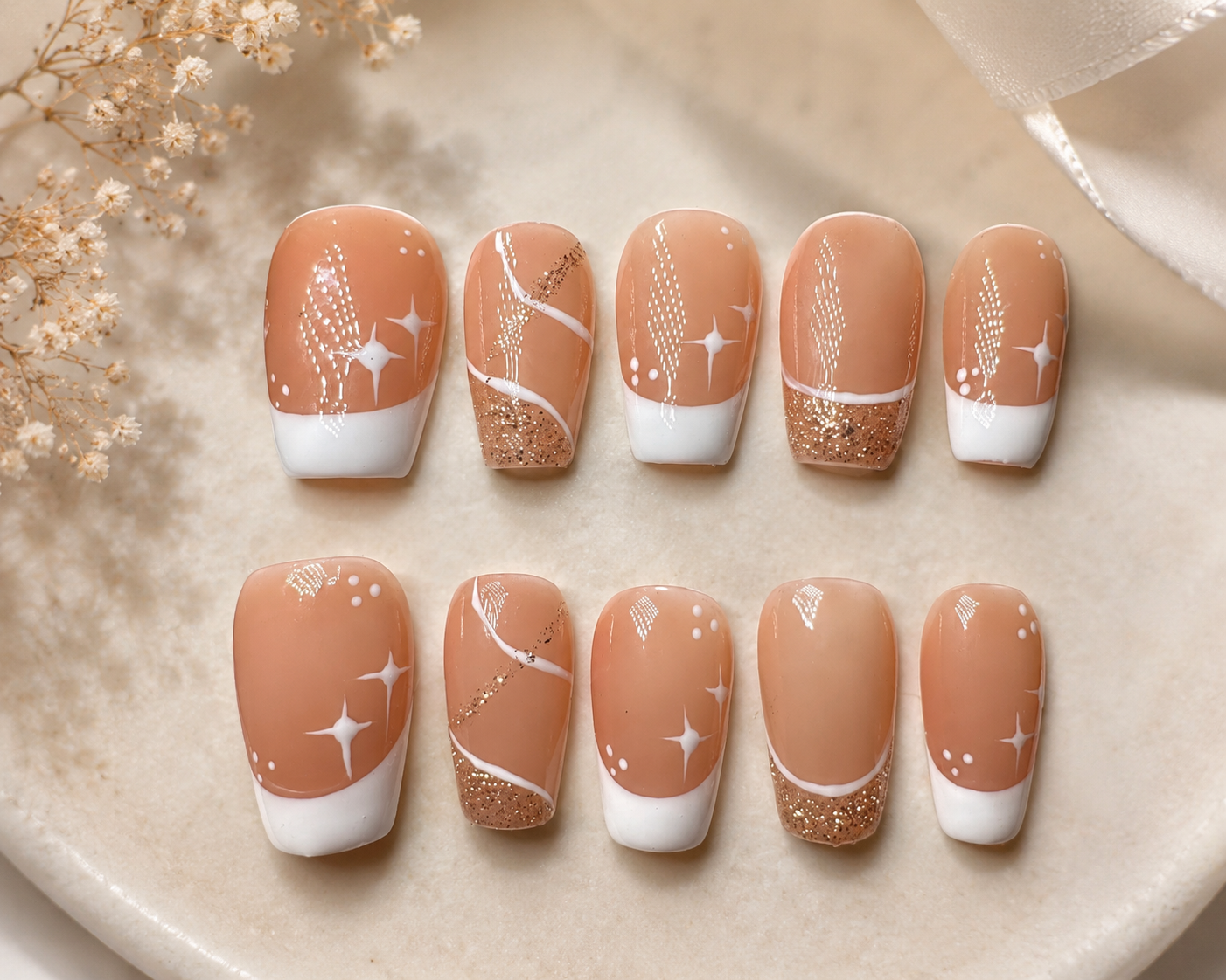 Champagne Stardust French Tip Press-On Nails