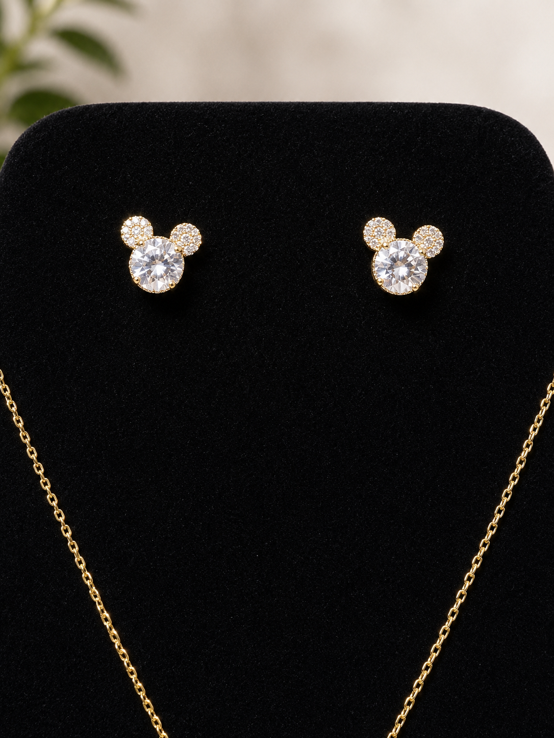Gold Sparkle Mouse Head Jewelry Set (Stainless Steel)