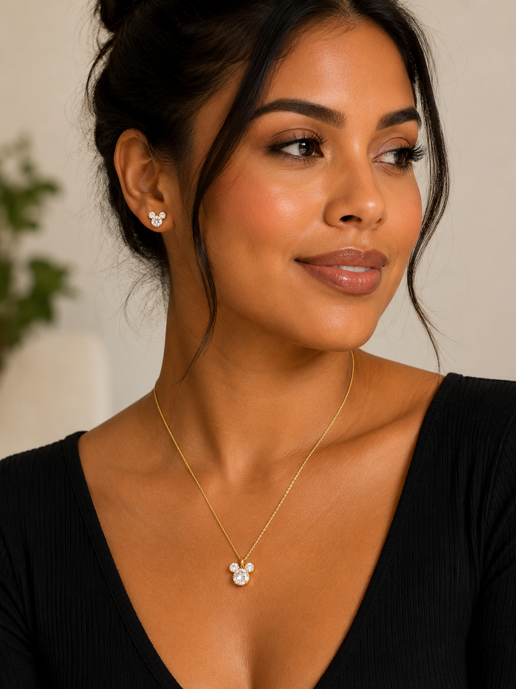 Gold Sparkle Mouse Head Jewelry Set (Stainless Steel)