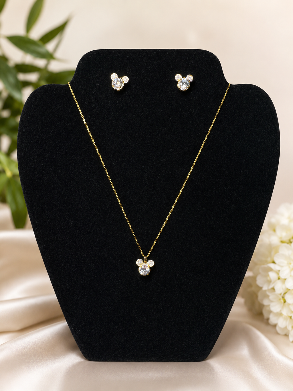 Gold Sparkle Mouse Head Jewelry Set (Stainless Steel)