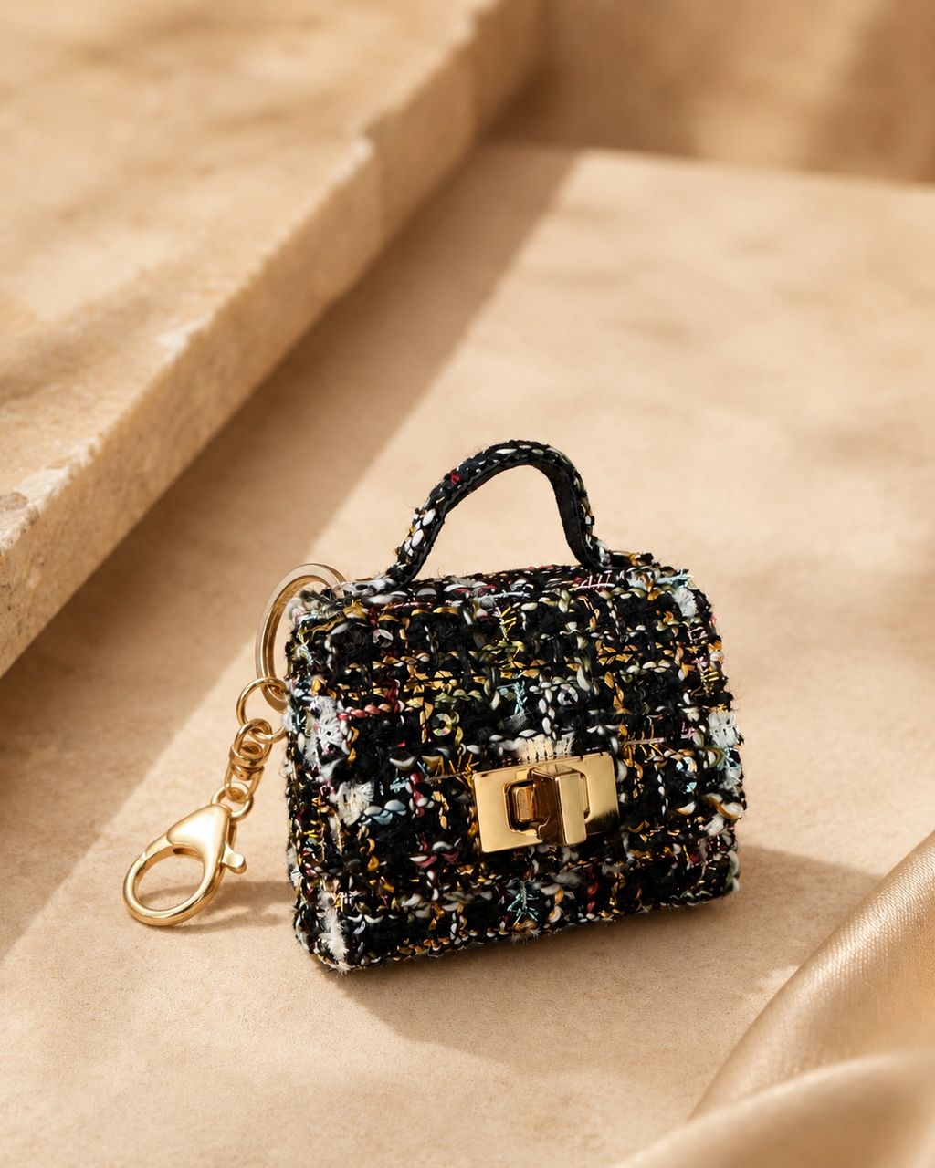 Mini Tweed Handbag Keychain Charm