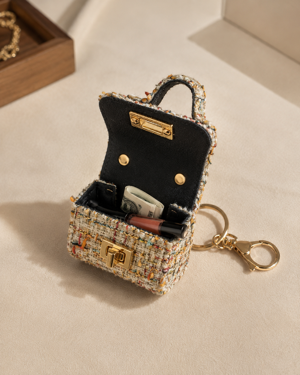 Mini Tweed Handbag Keychain Charm