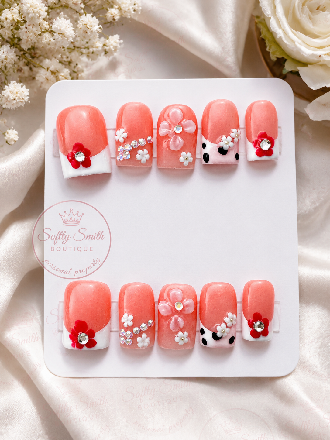 Coral Blossom Charm Press-On Nails