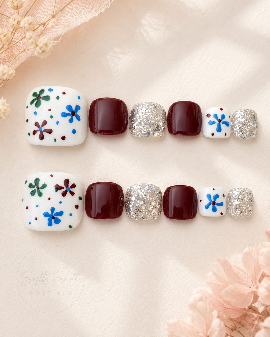 Burgundy Bloom Press-On Toenails