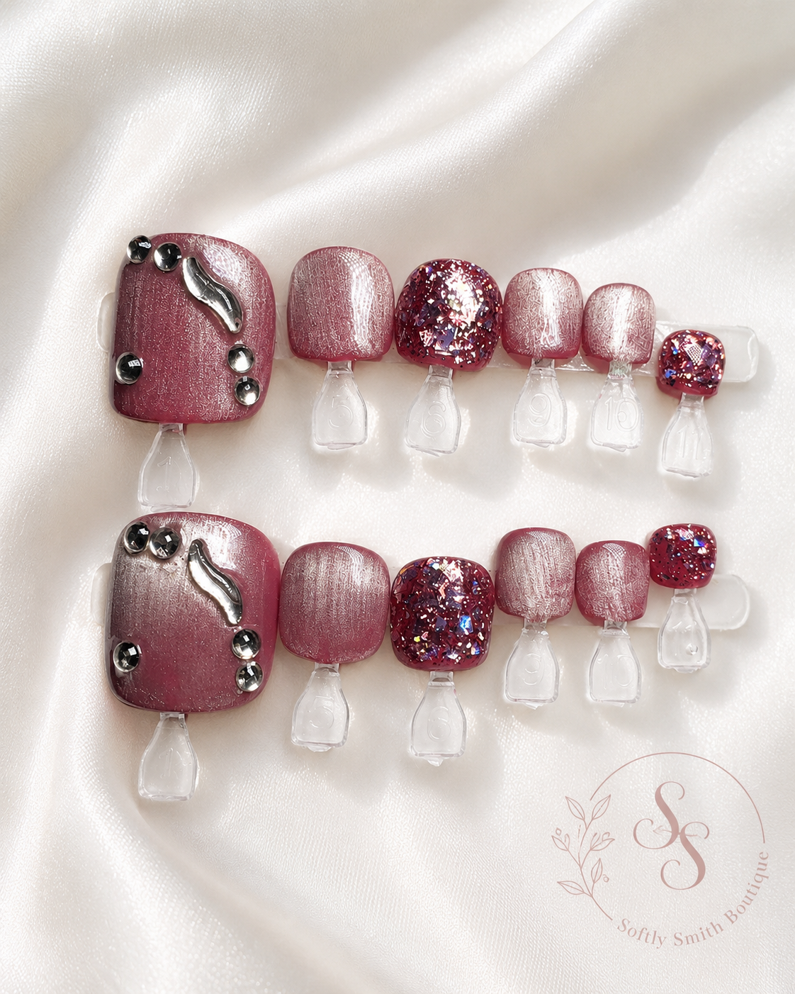 Rose Metallic Sparkle Press-On Toenails
