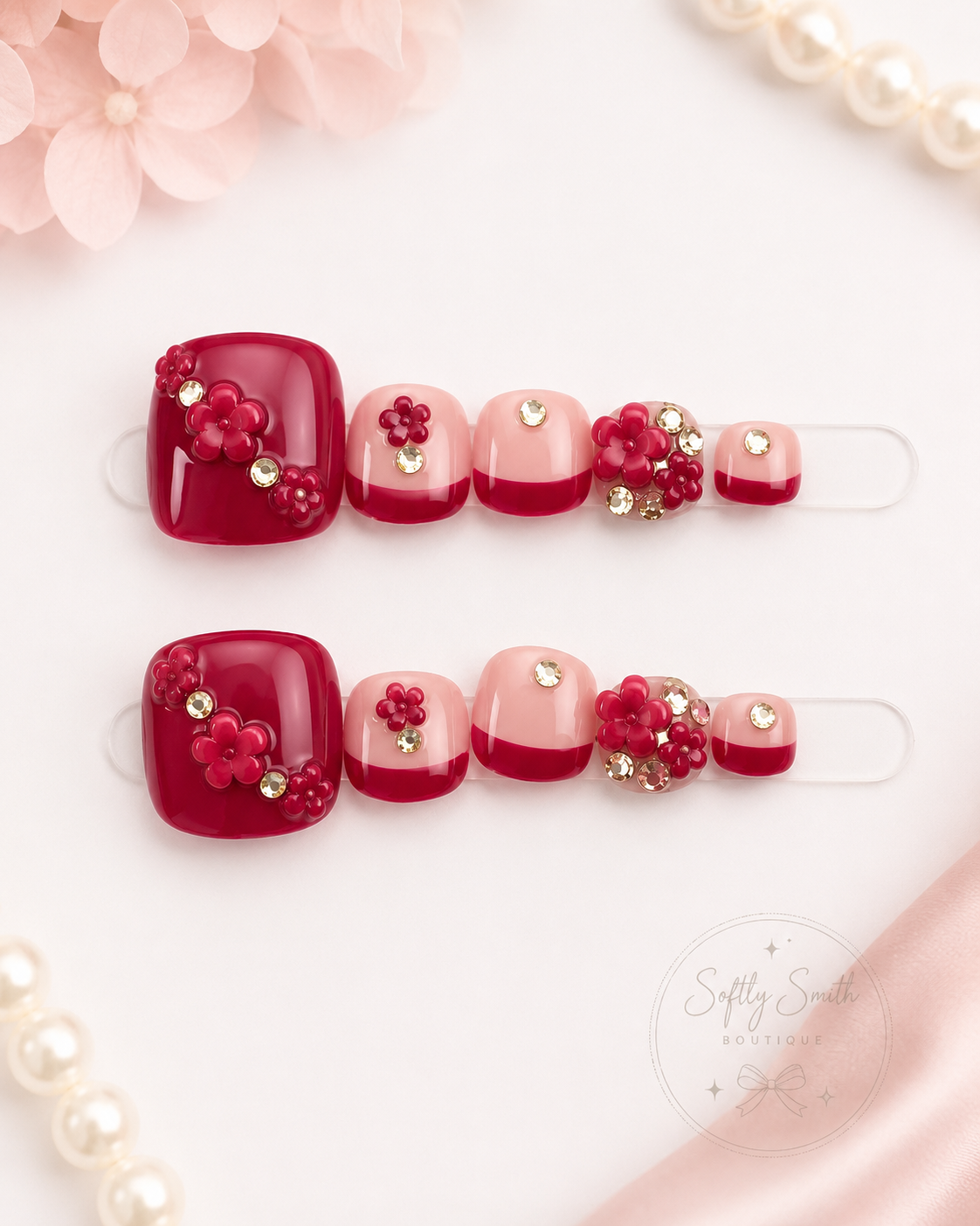 Ruby Blossom Press-On Toenails
