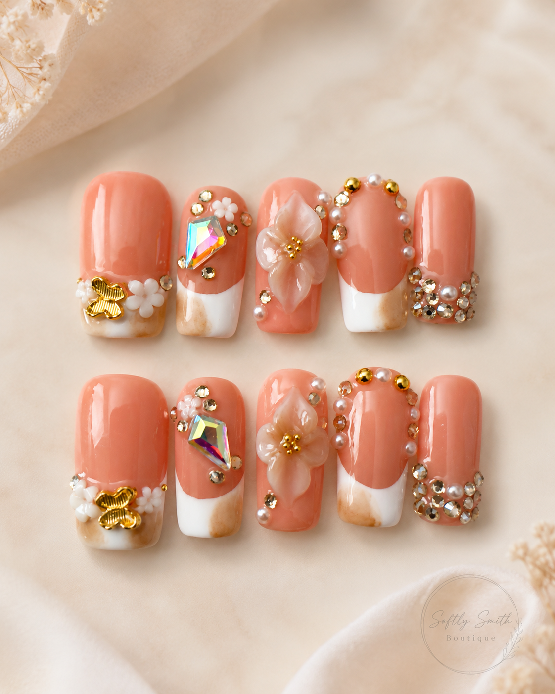 Peach Butterfly Garden Press-On Nails