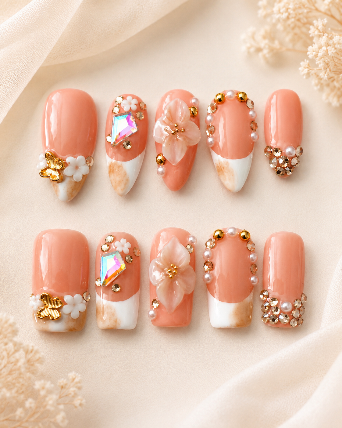 Peach Butterfly Garden Press-On Nails
