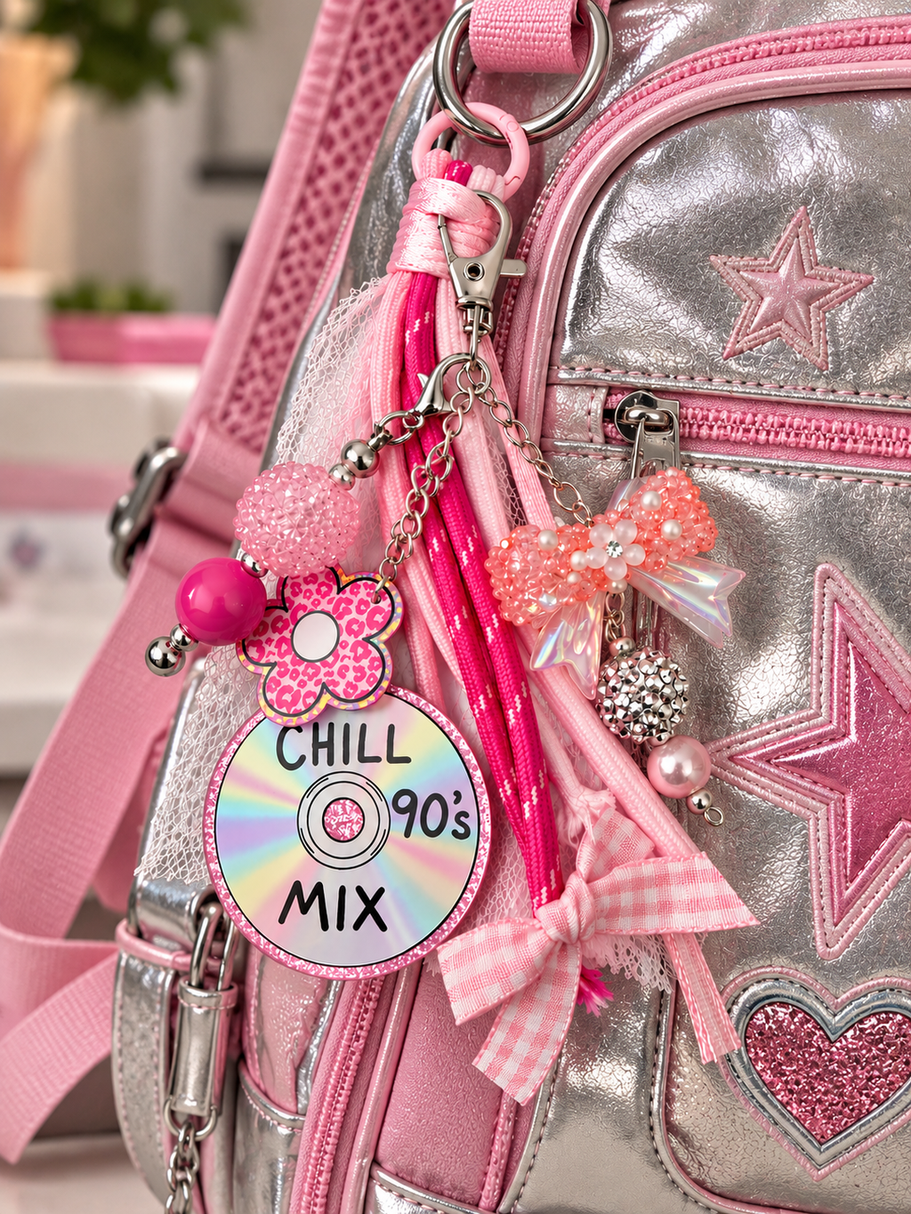 Pink retro bag charm on silver Y2K backpack