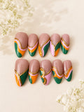Abstract green, orange, pink and gold press-on nail set