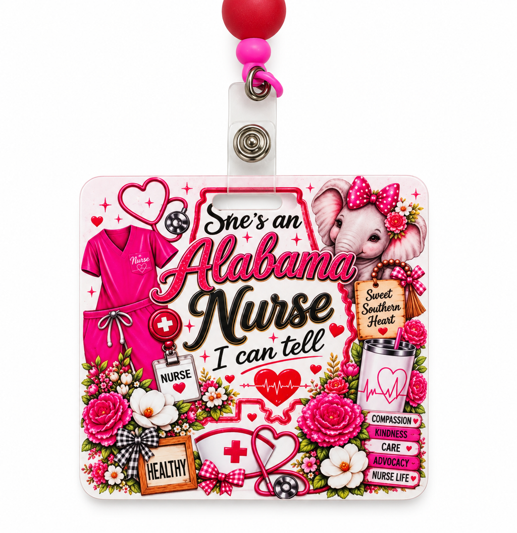 Pink Alabama nurse badge reel and ID holder with beaded detail
