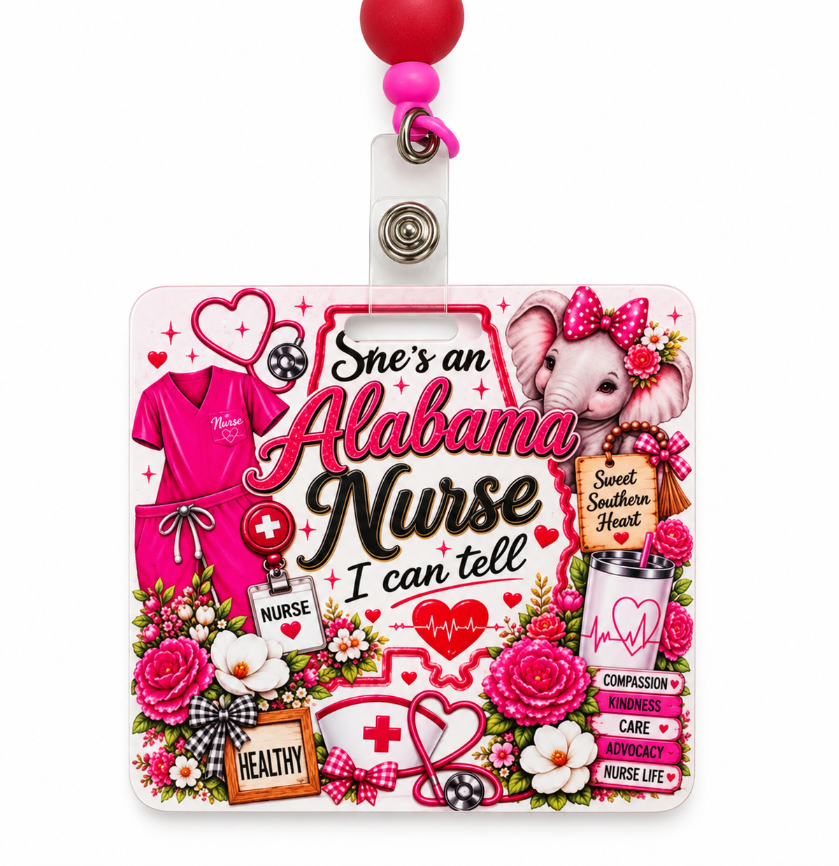Pink Alabama nurse badge reel and ID holder with beaded detail