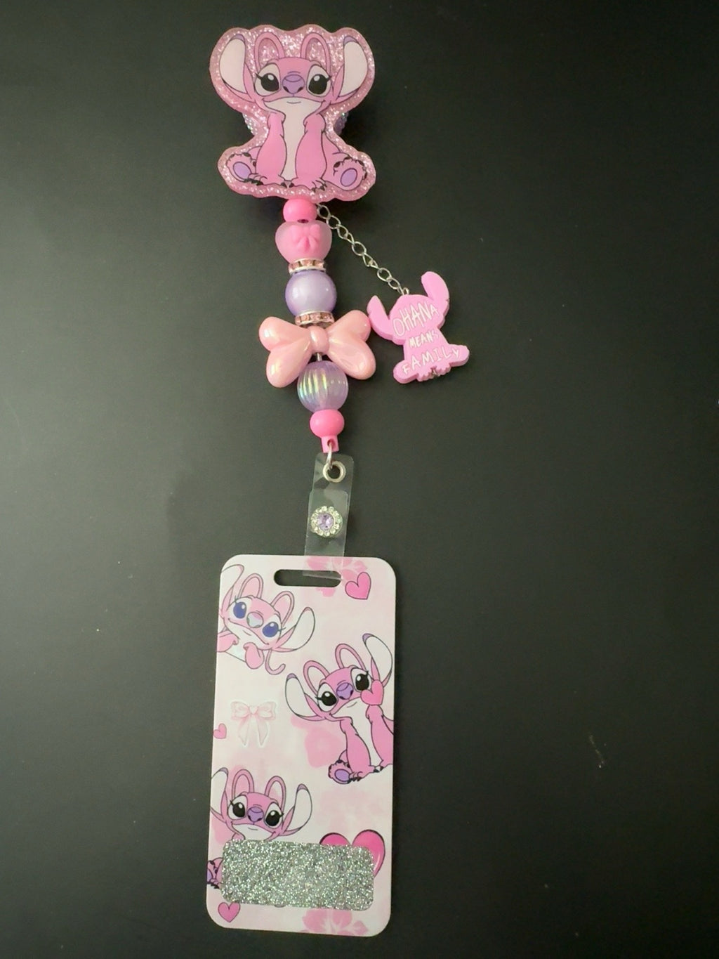 Angel inspired pink beaded badge reel with matching badge buddy
